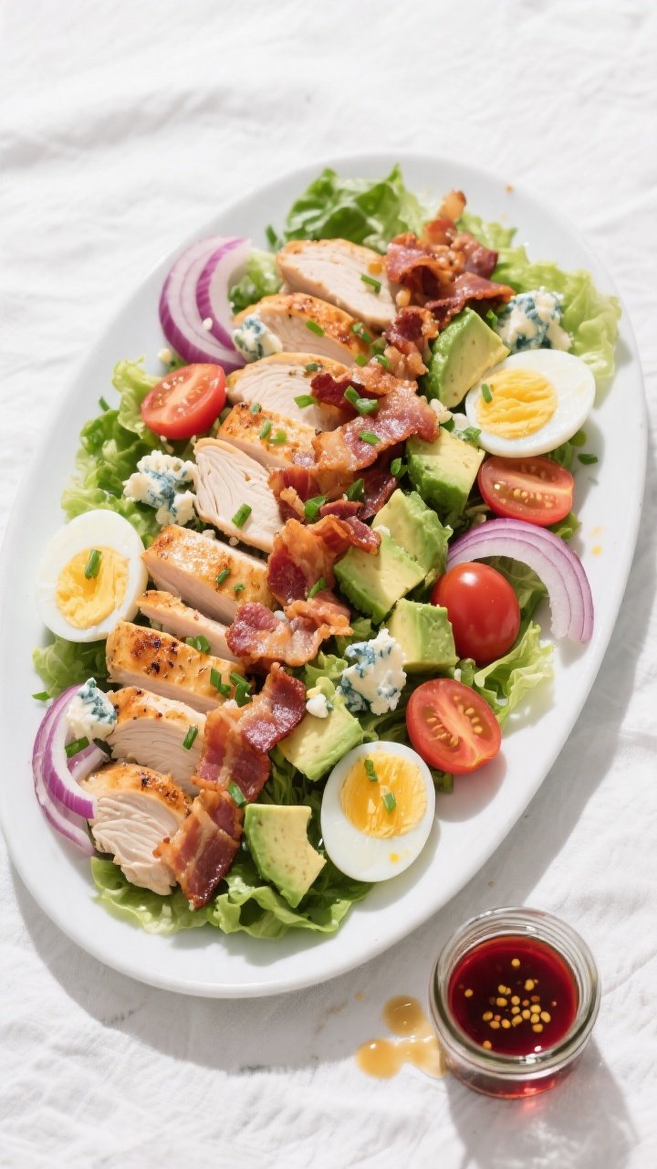 Tasty top view: Overhead shot of the assembled Avocado Bacon Cobb Dinner Salad on a wide white platt