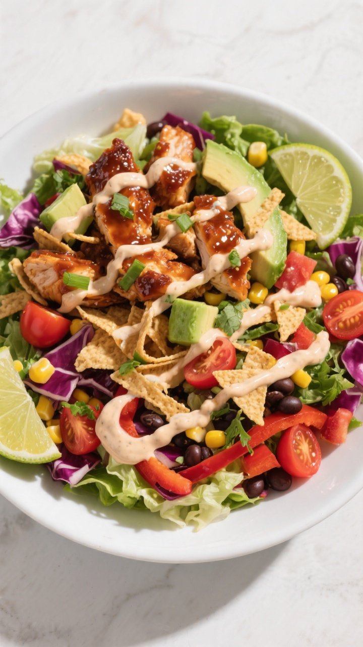 Tasty top view: Overhead shot of the assembled BBQ Chicken Crunch Salad in a wide white bowl—vibra