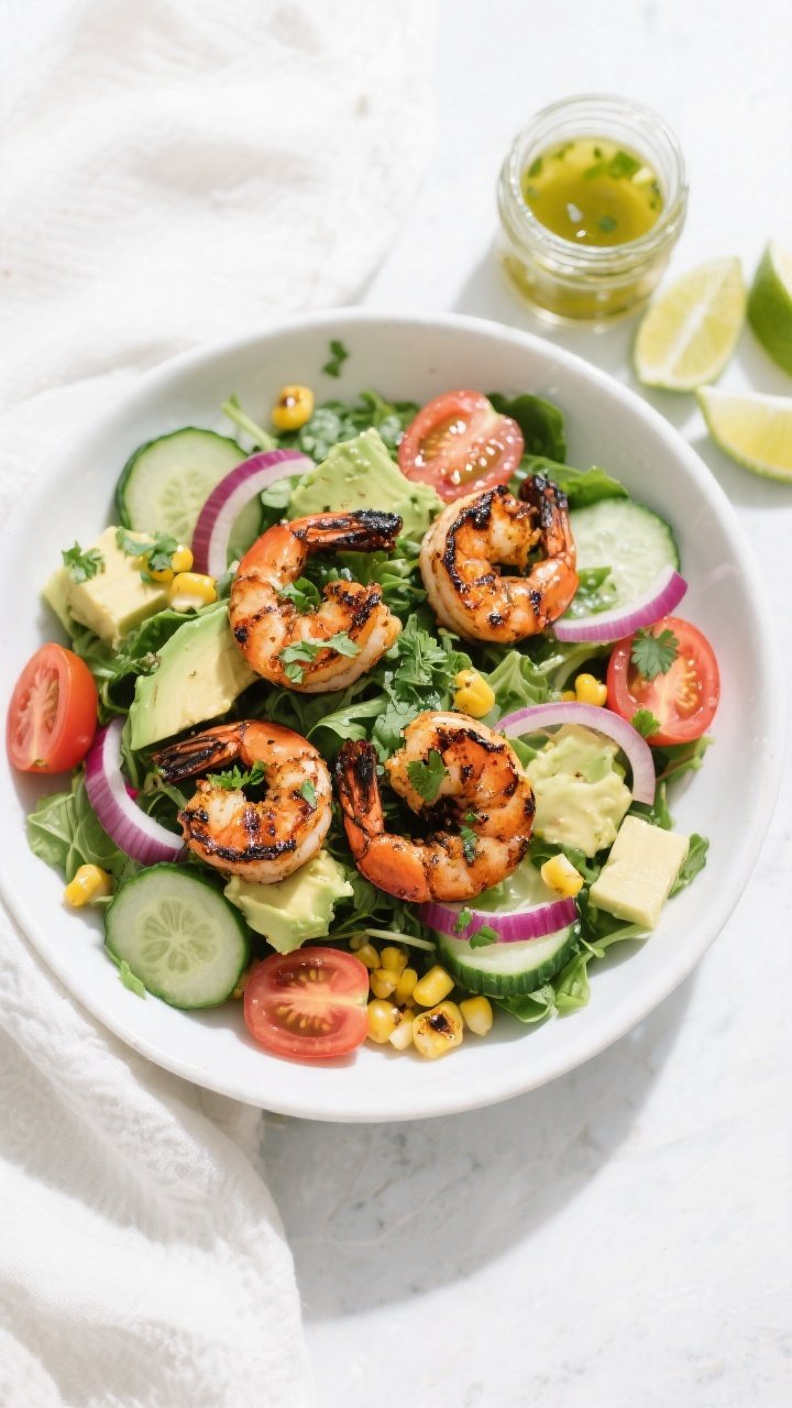 Tasty top view: Overhead shot of the assembled Blackened Shrimp Avocado Salad in a wide, shallow whi