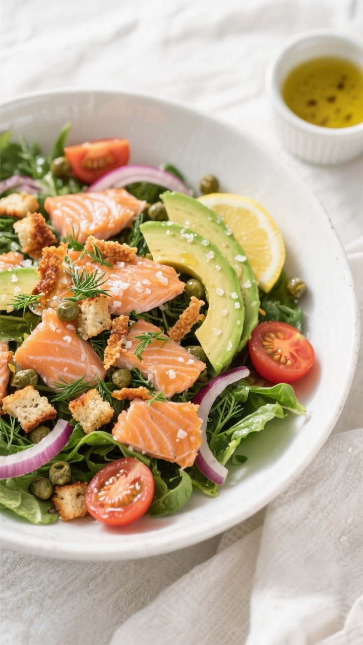 Tasty top view: Overhead shot of the assembled Crispy Salmon Avocado Salad in a wide, shallow white 