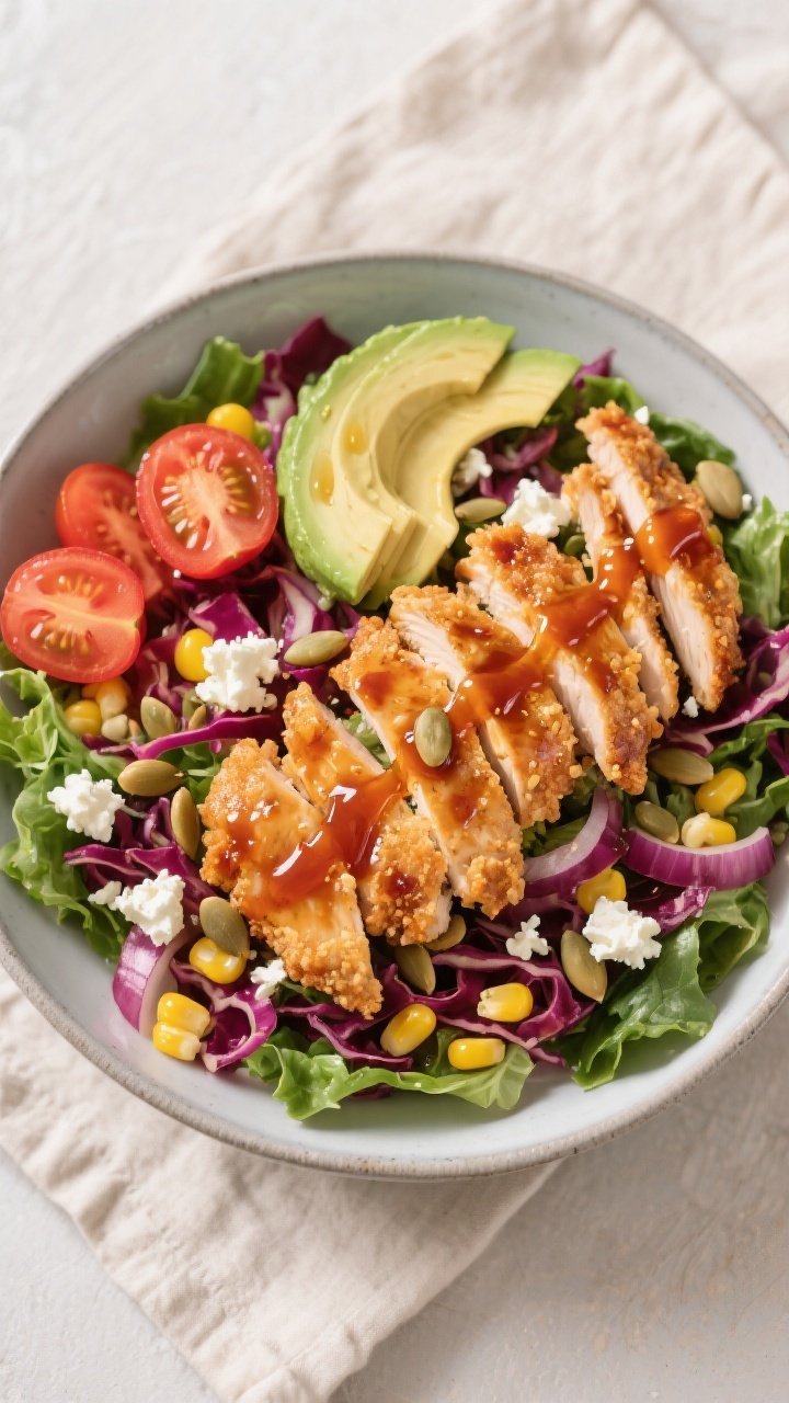 Tasty top view: Overhead shot of the assembled Crispy Hot Honey Chicken Salad in a wide, shallow bow