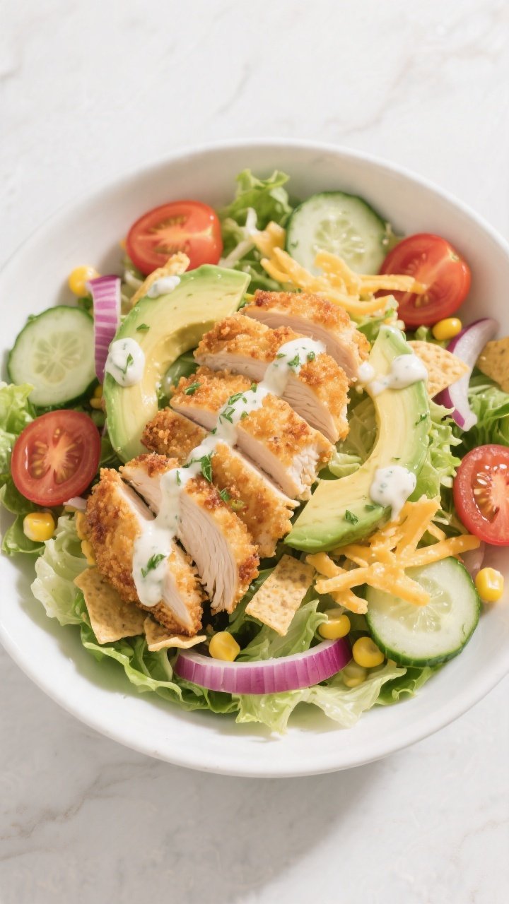 Tasty top view: Overhead shot of the assembled Crispy Chicken Avocado Ranch Salad in a wide, shallow