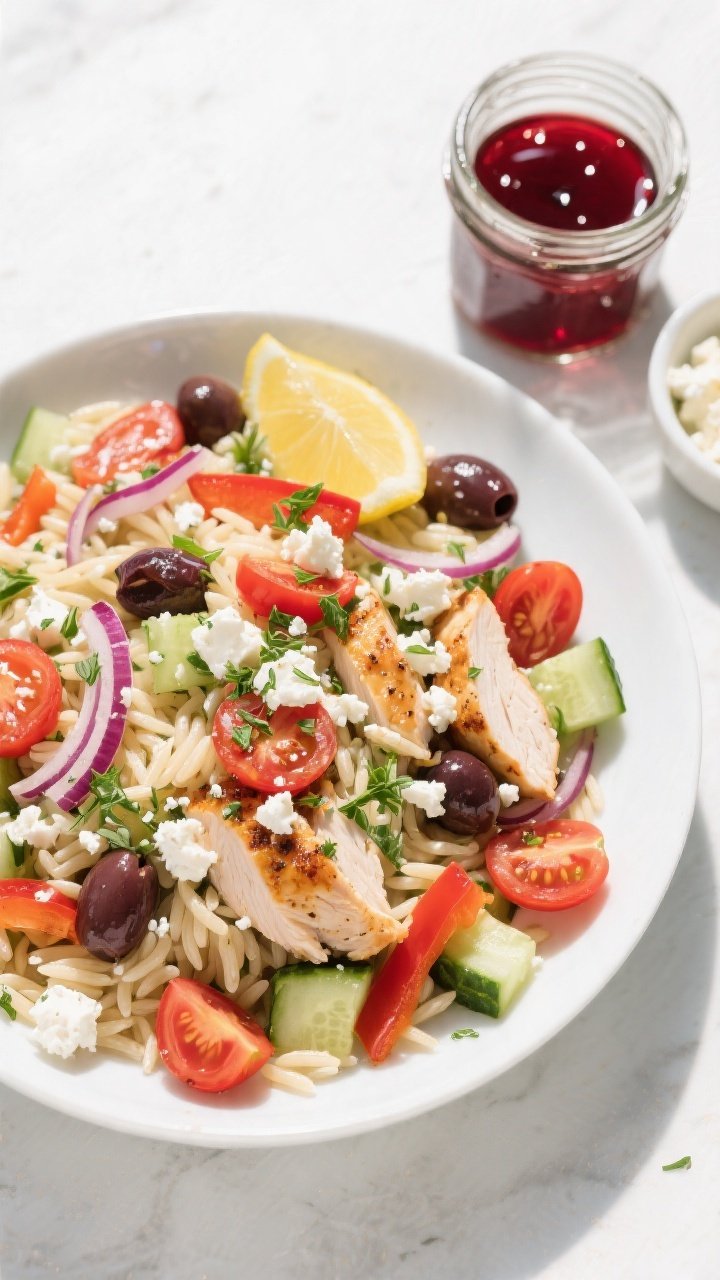 Tasty top view: Overhead shot of the assembled Greek Chicken Orzo Salad in a wide white serving bowl