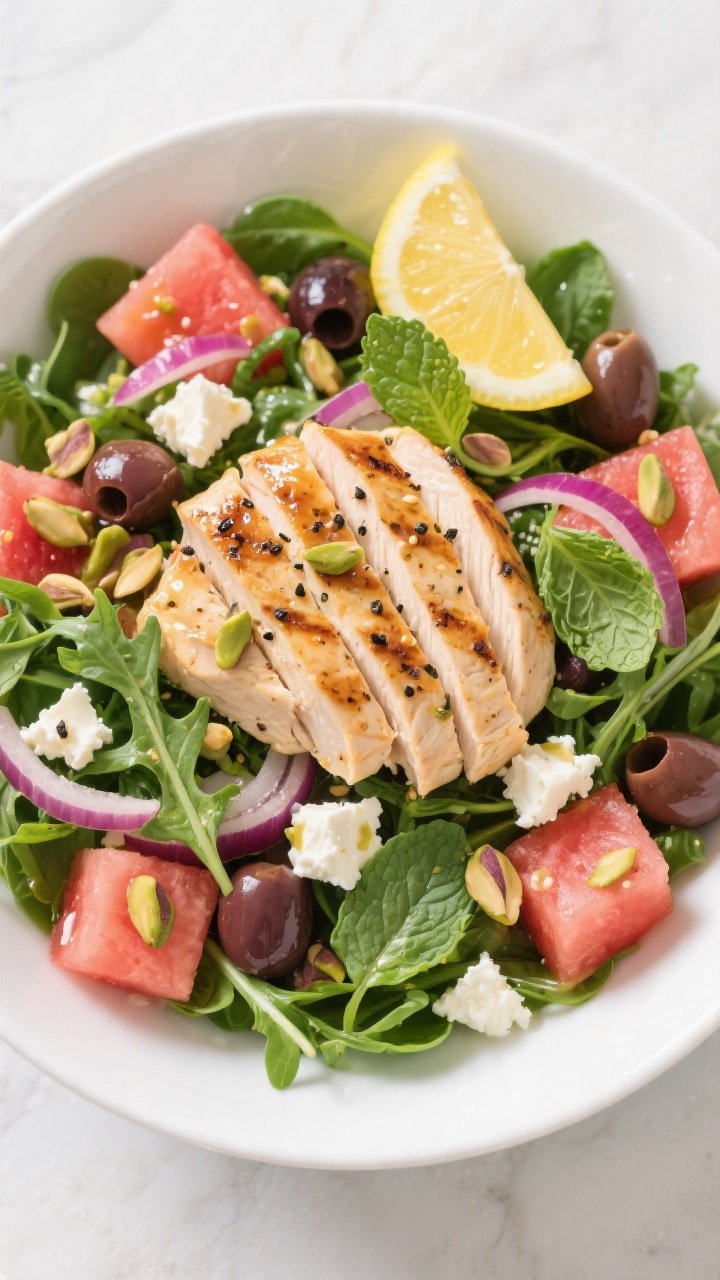 Tasty top view: Overhead shot of the assembled Grilled Chicken & Watermelon Feta Salad in a wide sha