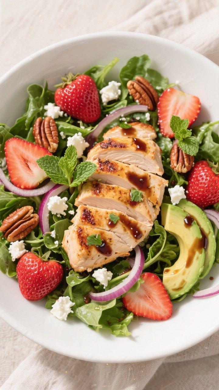 Tasty top view: Overhead shot of the assembled Grilled Chicken Strawberry Pecan Salad in a wide whit