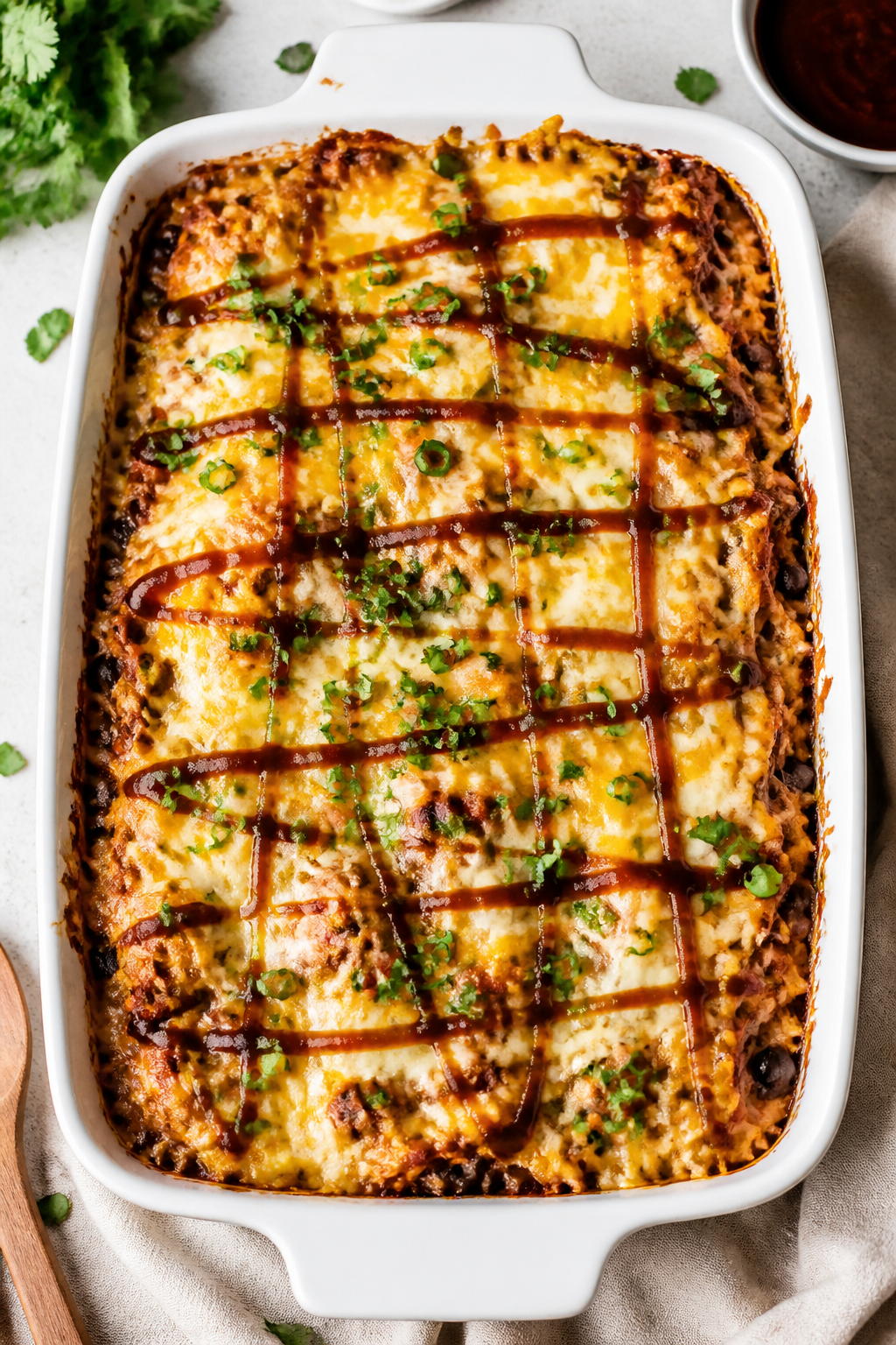 Tasty top view: Overhead shot of the assembled High Protein BBQ Chicken Casserole fresh out of the o