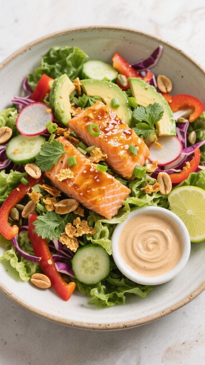Tasty top view: Overhead shot of the assembled Hot Honey Salmon Crunch Salad in a wide, shallow cera