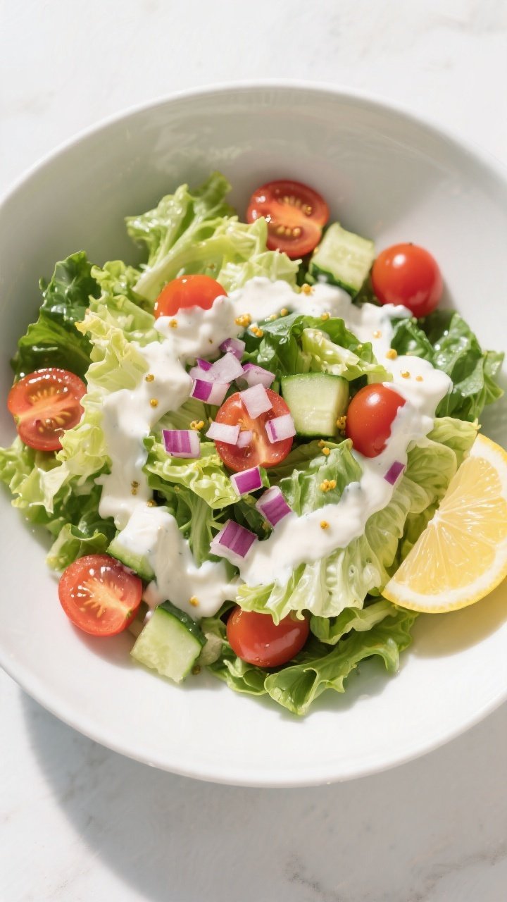 Tasty top view: Overhead shot of the assembled salad base in a large wide bowl—chopped romaine and