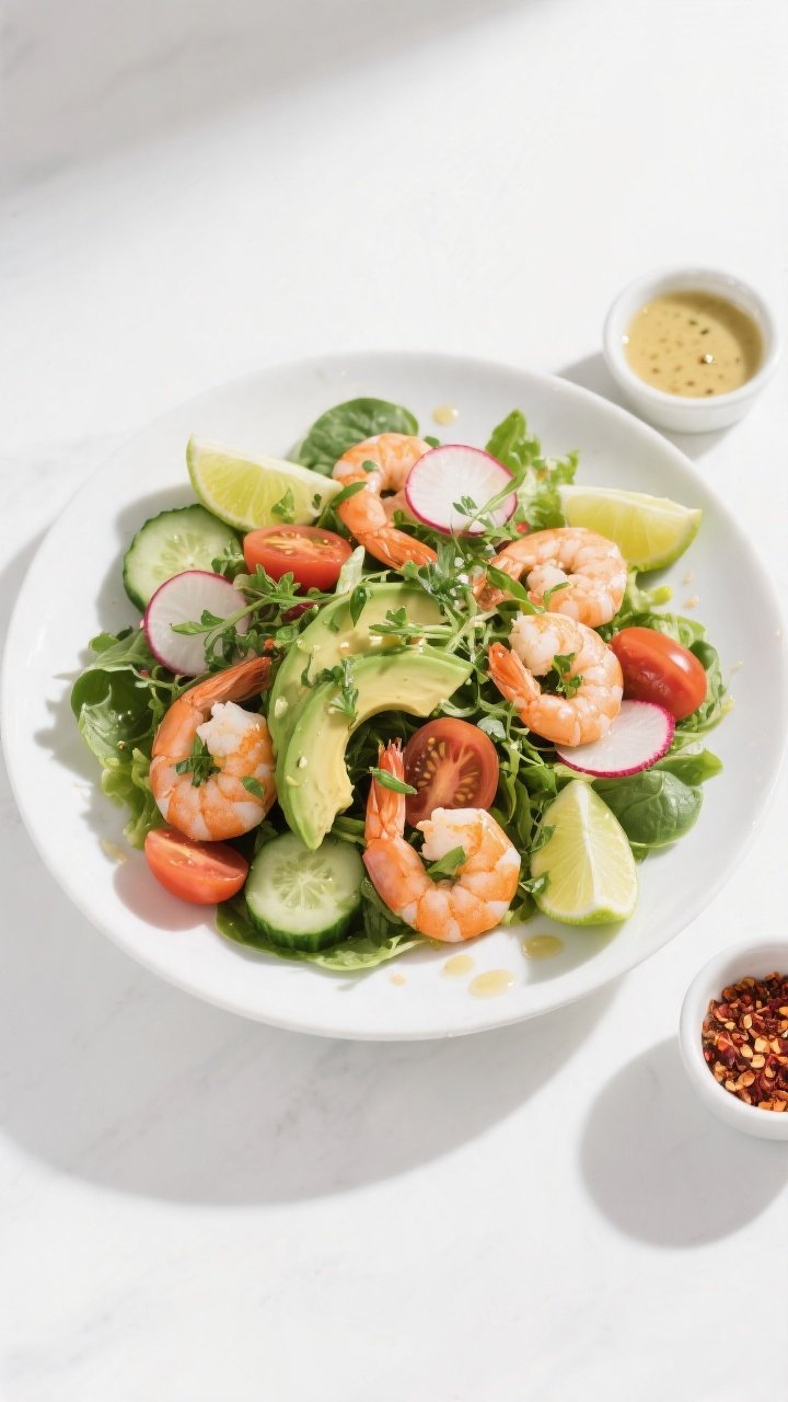 Tasty top view: Overhead shot of the assembled salad arranged for visual balance—clusters of shrim