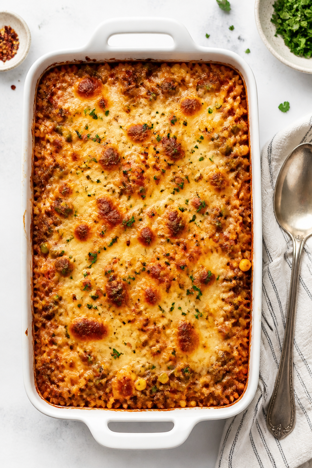 Tasty top view: Overhead shot of the baked Cheesy Ground Beef & Rice Casserole in a 9x13 dish, chees