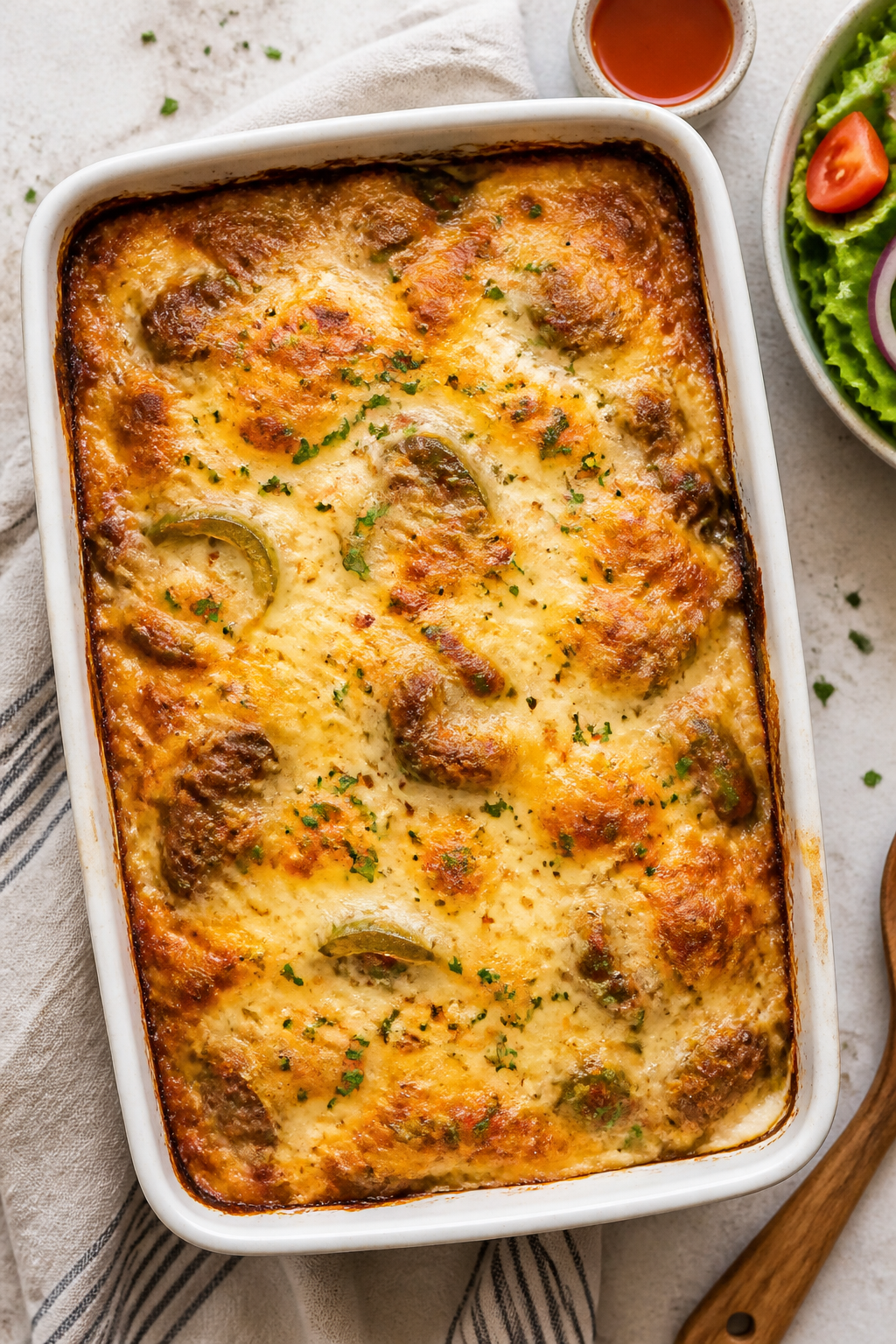 Tasty top view: Overhead shot of the baked Low Carb Philly Cheesesteak Casserole in a 9x13 dish, sho