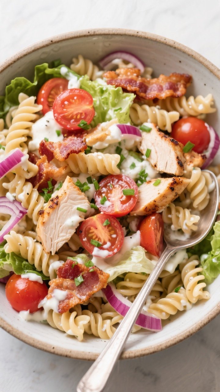 Tasty top view: Overhead shot of the BLT pasta salad just tossed in a large mixing bowl—whole-whea