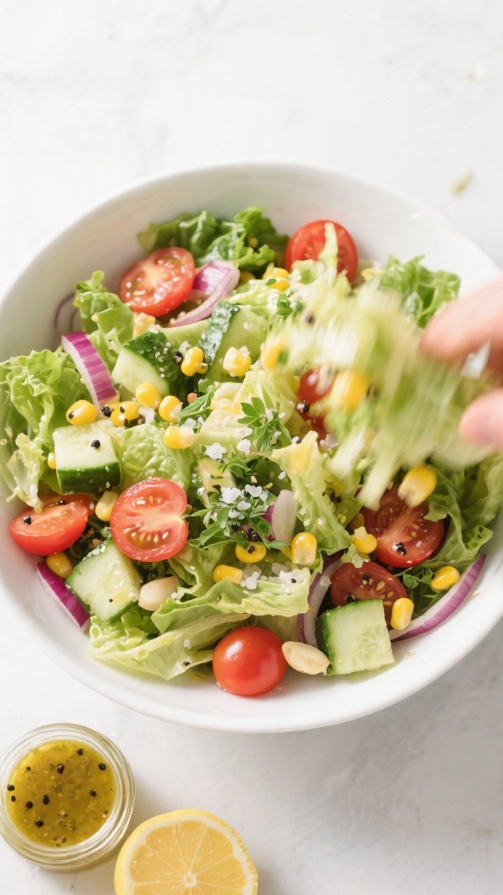 Tasty top view: Overhead shot of the chopped salad mid-toss in a large white bowl—chopped romaine/