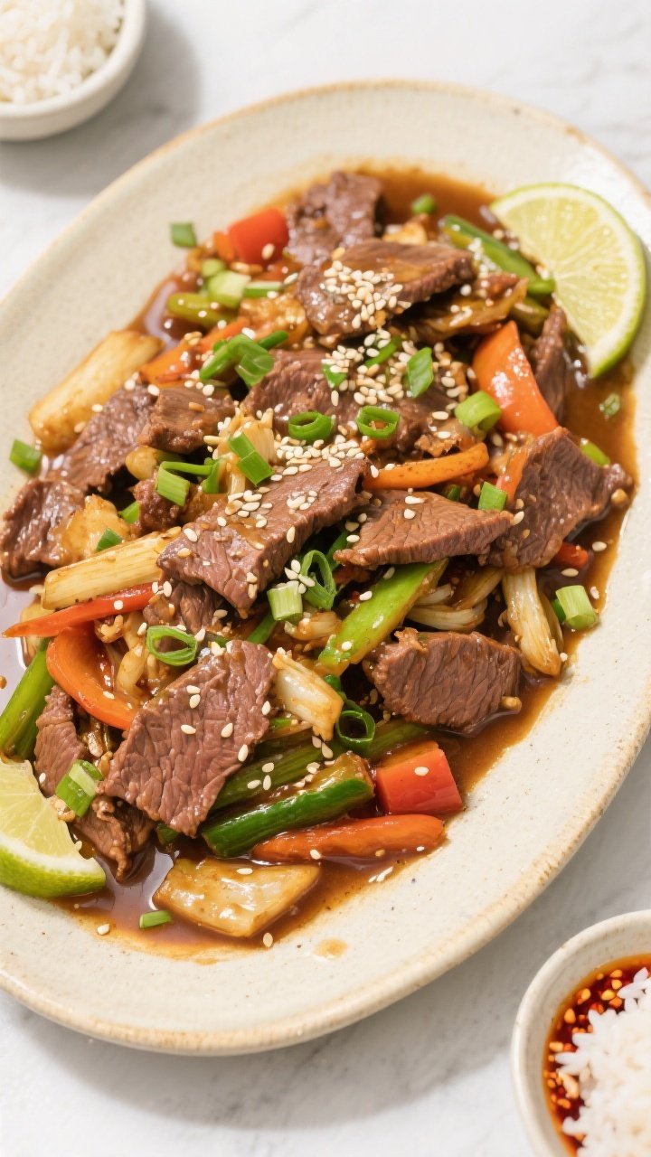 Tasty top view: Overhead shot of the completed Beef and Veggie Stir Fry served family-style in a lar