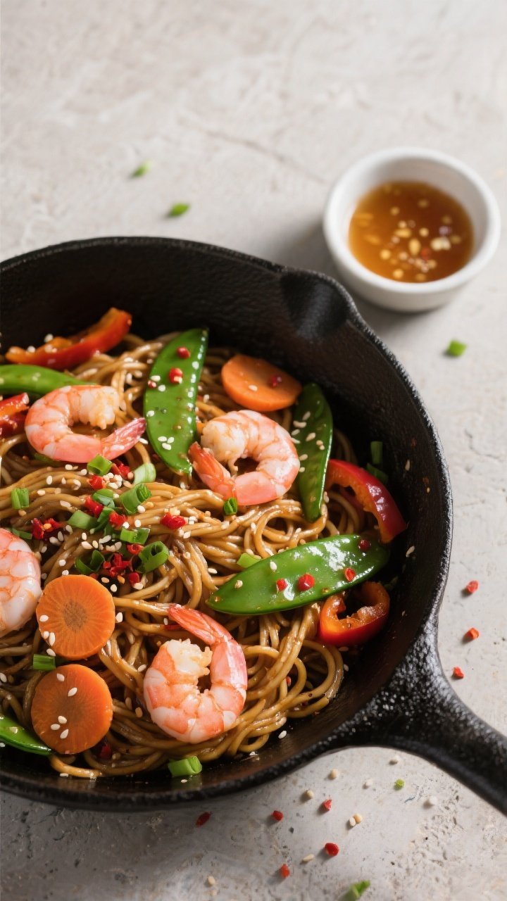 Tasty top view: Overhead shot of the completed stir fry tossed with lo mein noodles for “Noodle Ni