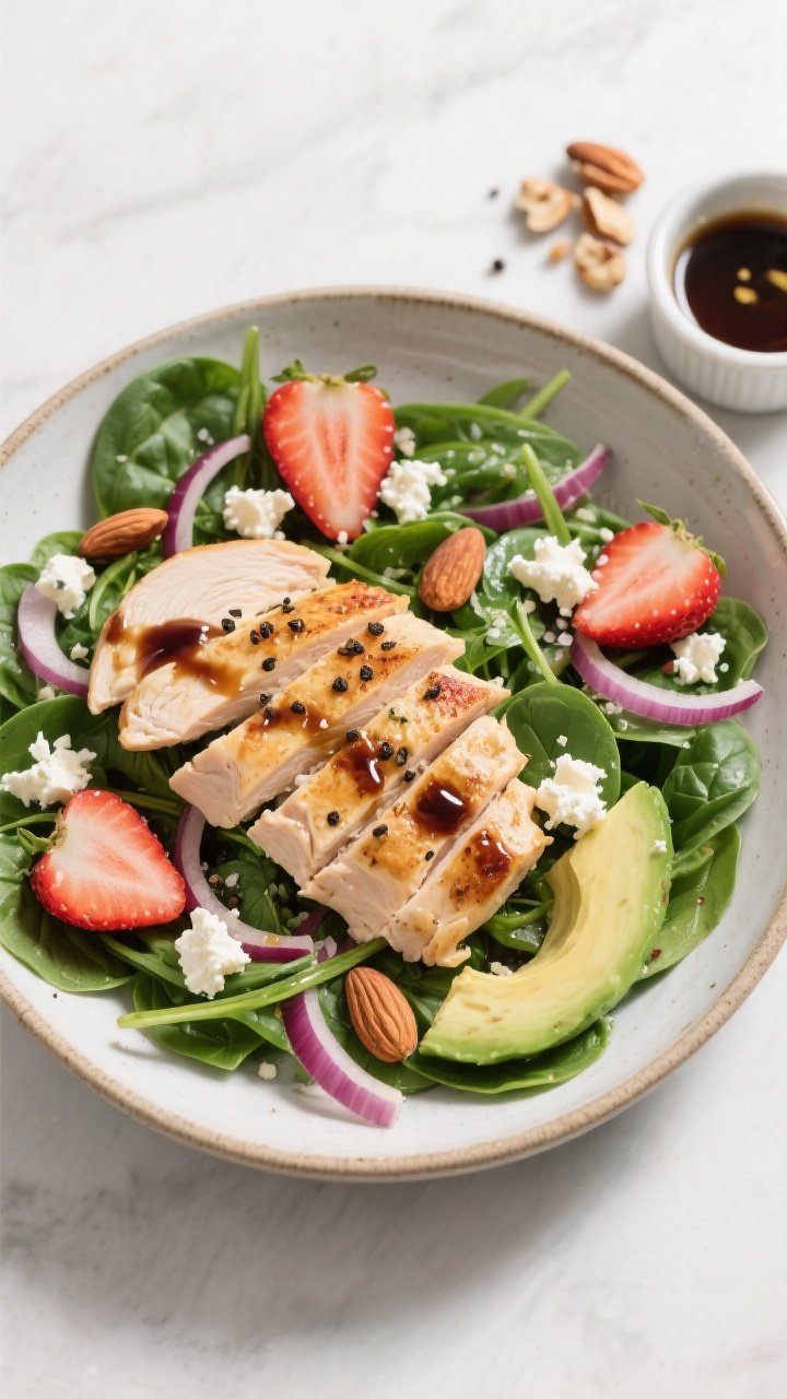 Tasty top view: Overhead shot of the composed Strawberry Chicken Spinach Salad in a wide, shallow ce