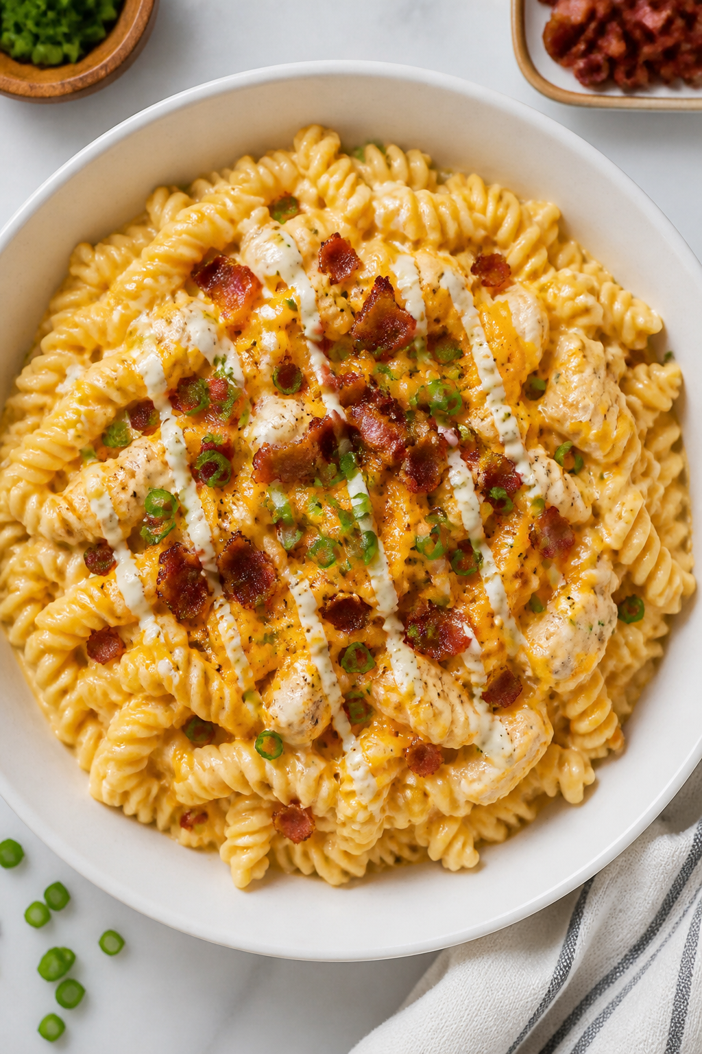 Tasty top view: Overhead shot of the final Crack Chicken Pasta in a wide, shallow white bowl—al de