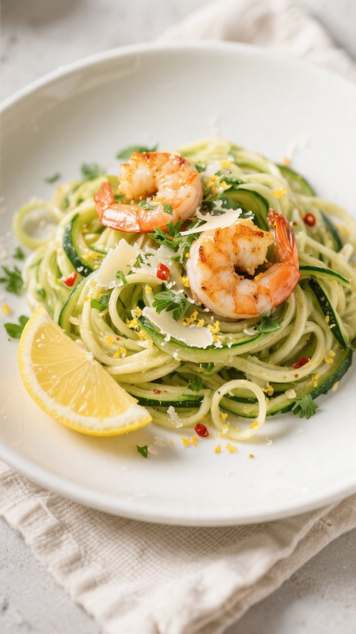 Tasty top view: Overhead shot of the final High-Protein Shrimp & Garlic Zucchini Noodles twirled int
