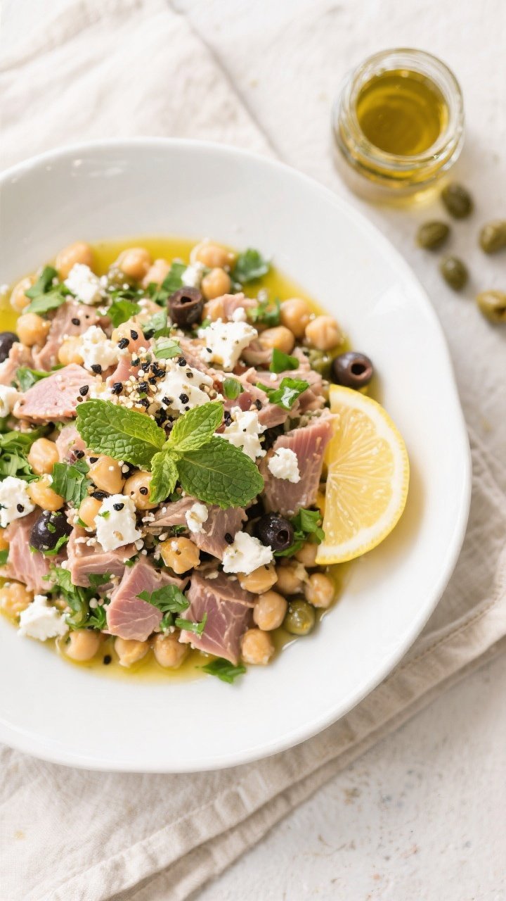 Tasty top view: Overhead shot of the final Mediterranean Tuna Chickpea Salad served in a wide, shall