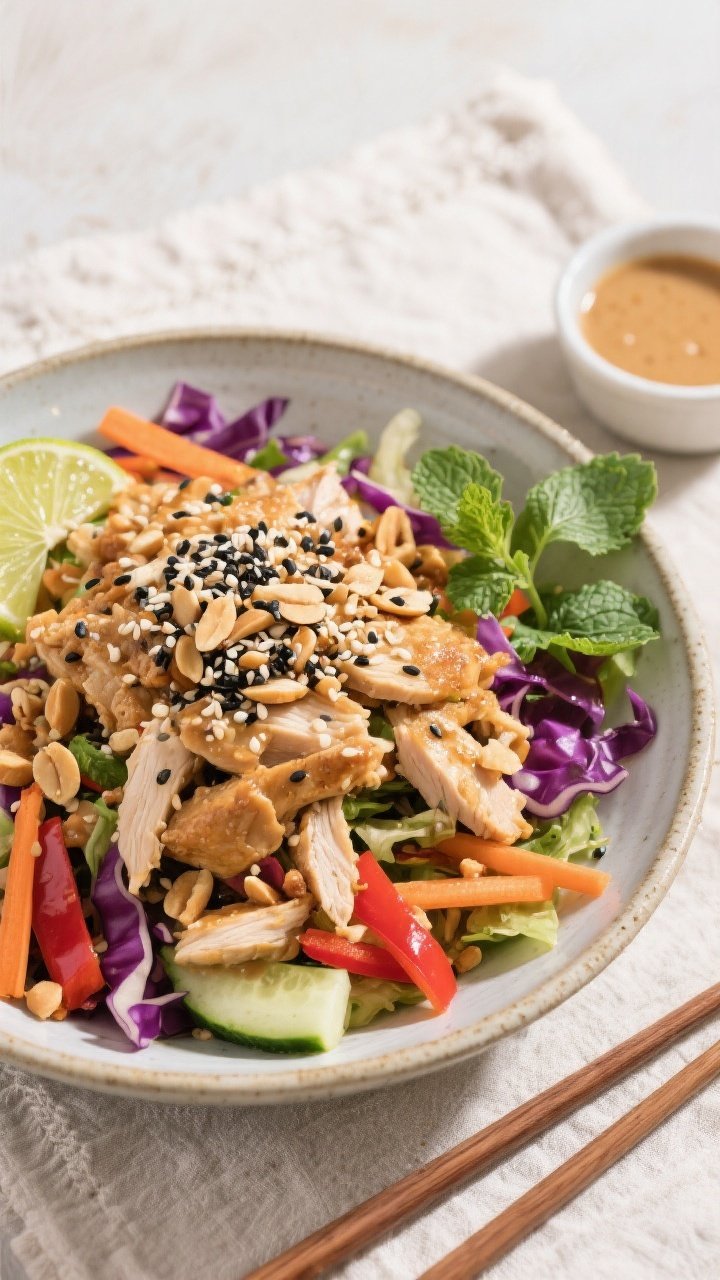 Tasty top view: Overhead shot of the final plated Thai Peanut Chicken Crunch Salad in a wide, shallo