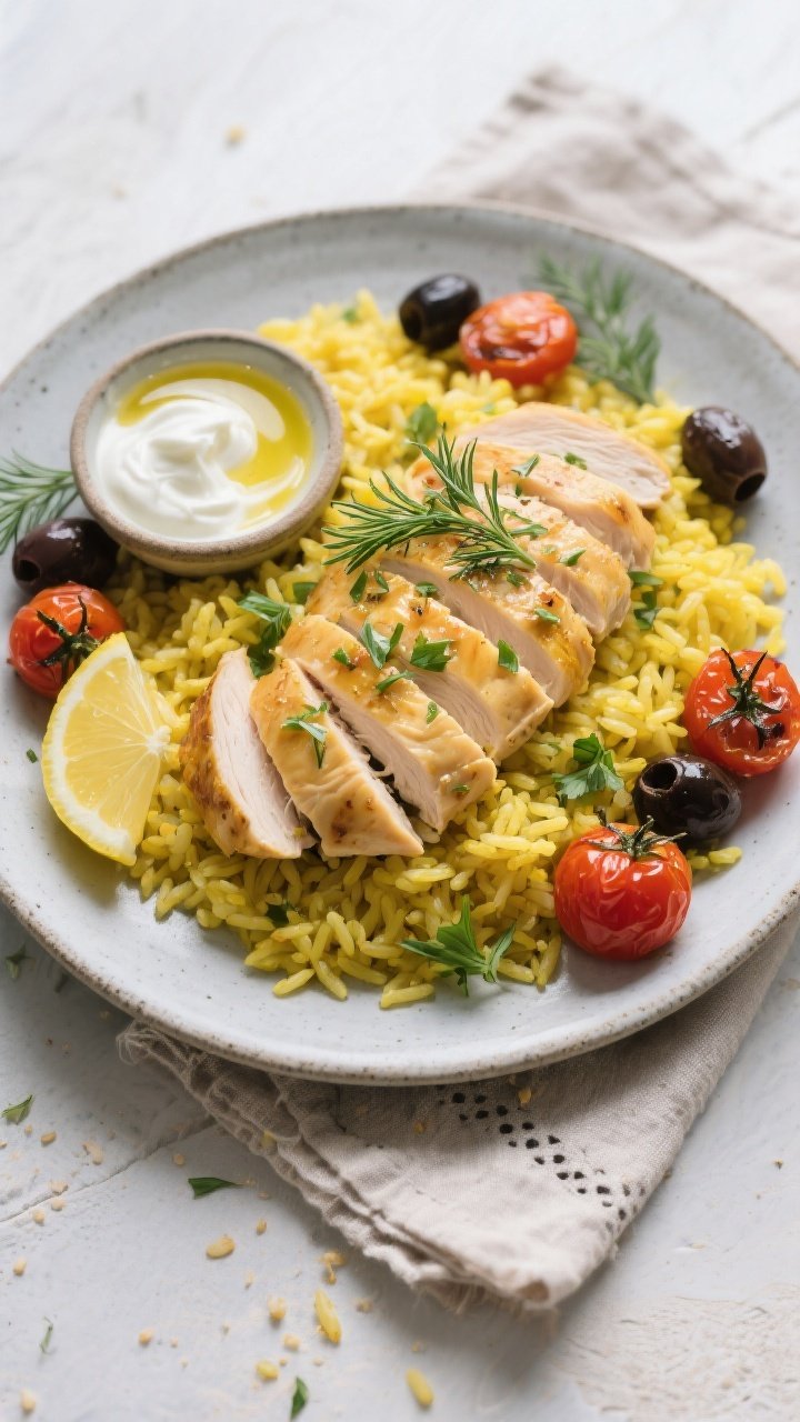 Tasty top view: Overhead shot of the final plated High-Protein Greek Chicken & Lemon Rice—sliced c