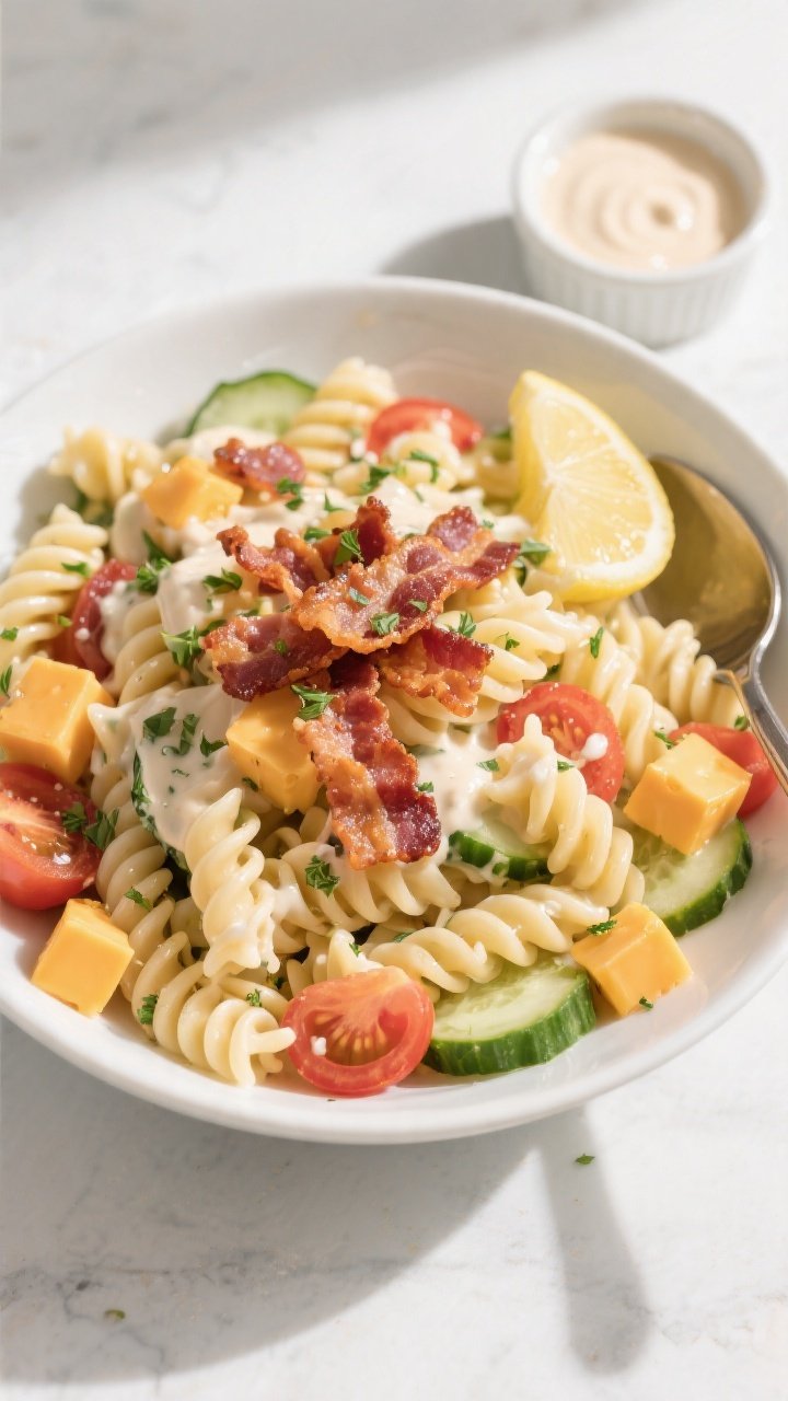 Tasty top view: Overhead shot of the finished Bacon Ranch Pasta Dinner Salad in a wide white serving
