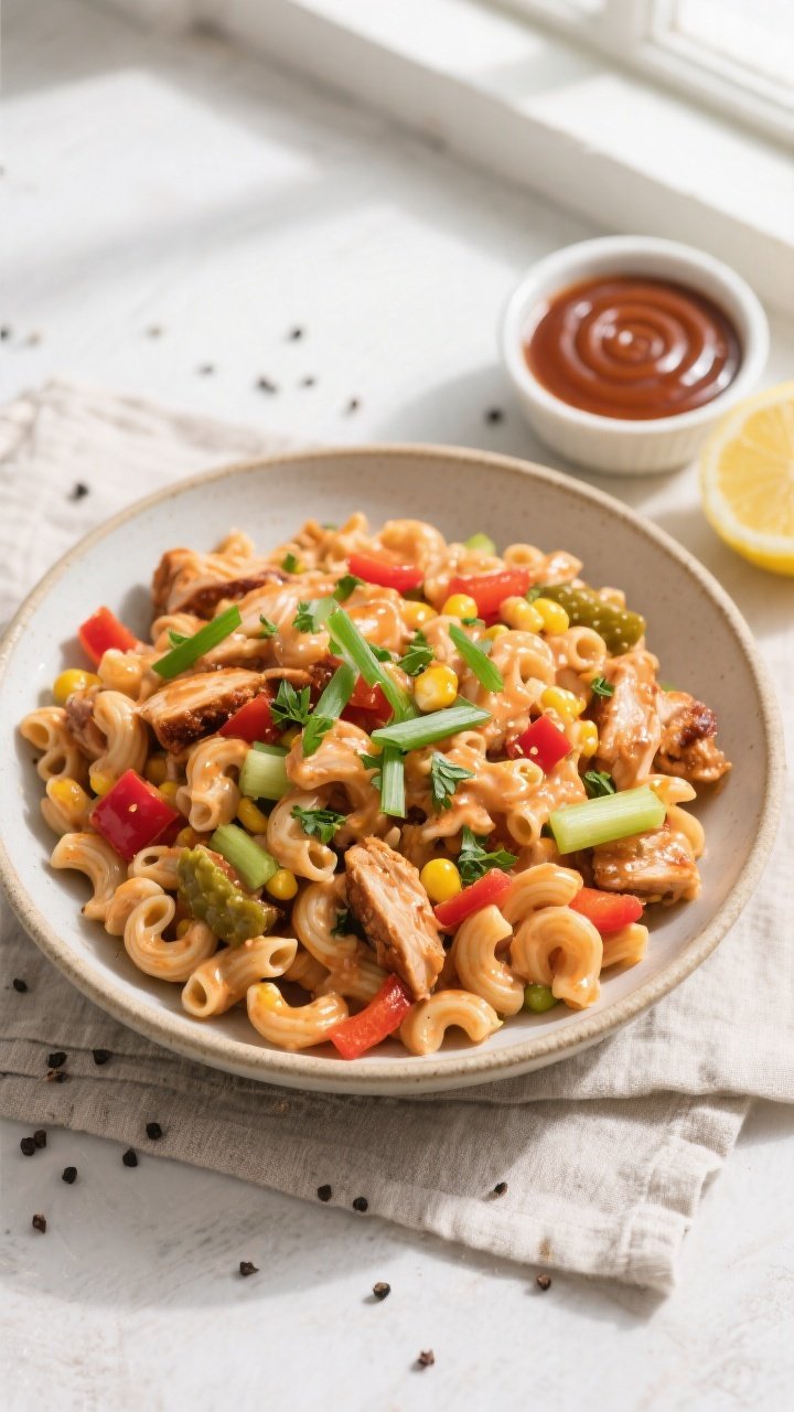 Tasty top view: Overhead shot of the finished BBQ Chicken Macaroni Salad in a wide, shallow ceramic