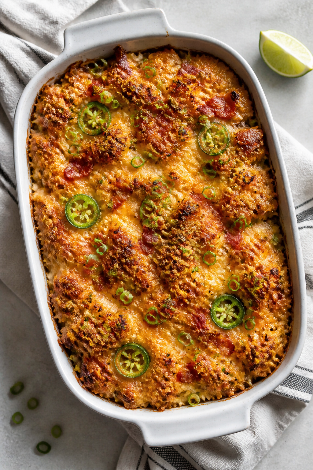 Tasty top view: Overhead shot of the finished casserole just out of the oven, topping evenly browned