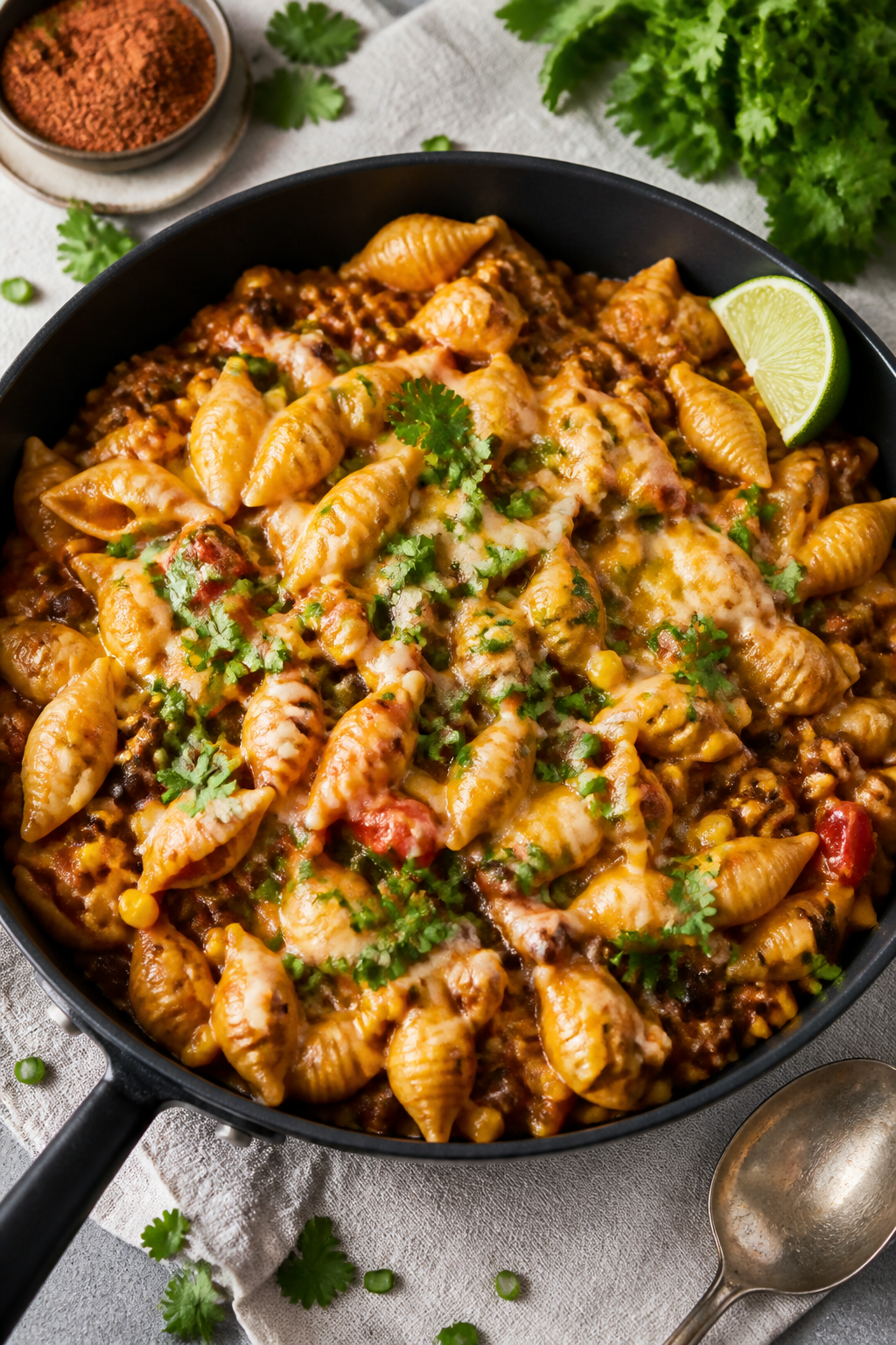 Tasty top view: Overhead shot of the finished Creamy High Protein Taco Pasta Skillet in a matte blac
