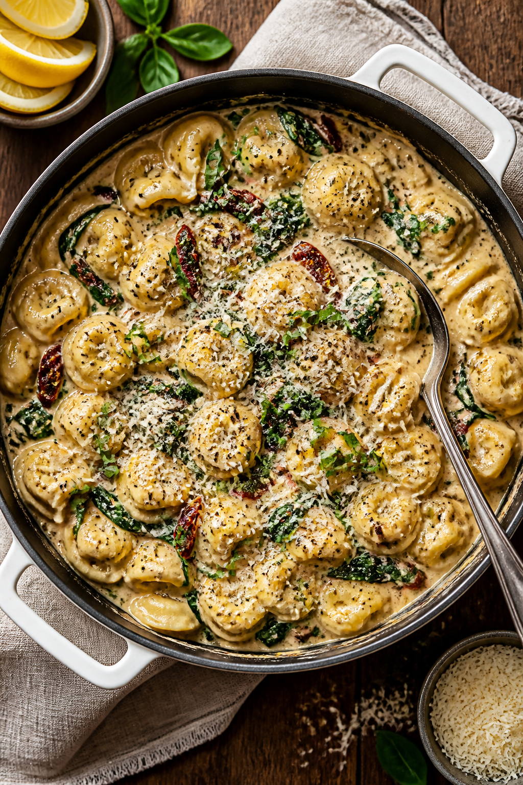 Tasty top view: Overhead shot of the finished Creamy Tuscan Tortellini Skillet served family-style i