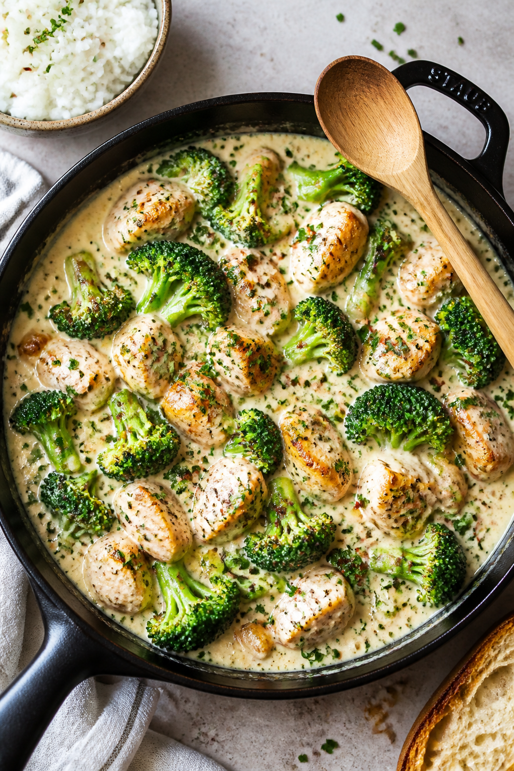 Tasty top view: Overhead shot of the finished creamy ranch chicken and broccoli in a wide cast-iron 