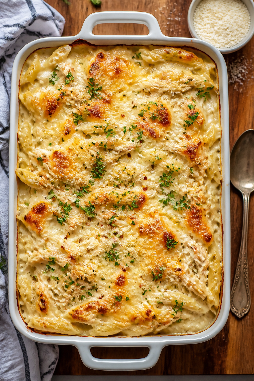 Tasty top view: Overhead shot of the finished Dump-and-Go Chicken Alfredo Bake in a 9x13 dish, evenl