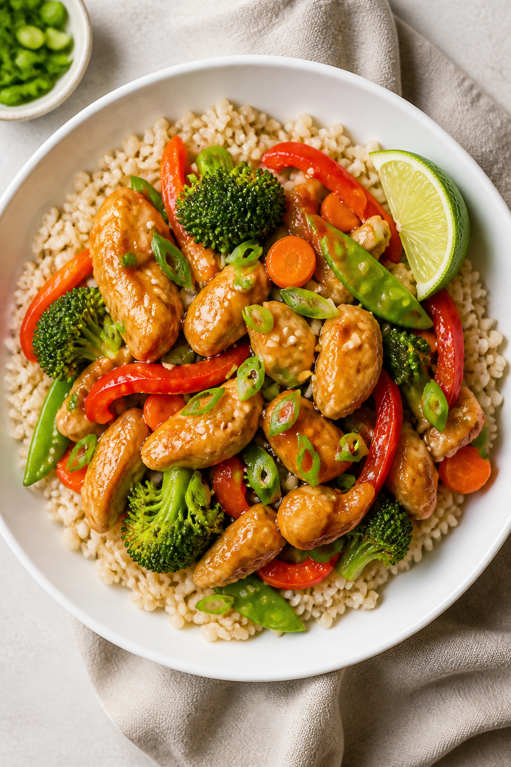 Tasty top view: Overhead shot of the finished Easy Healthy Chicken Stir Fry served over fluffy brown