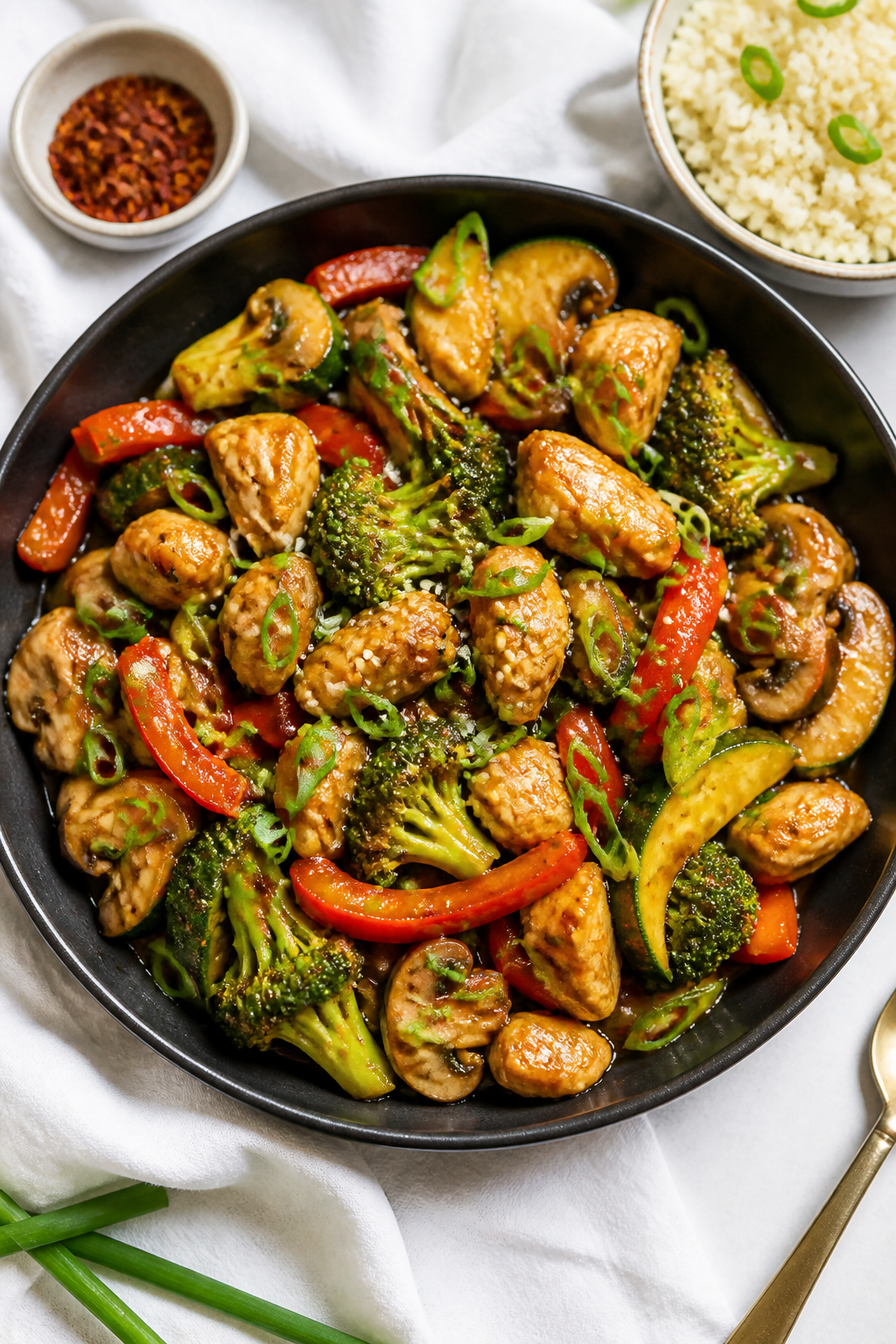 Tasty top view: Overhead shot of the finished Easy Keto Chicken Stir Fry served family-style in a wi