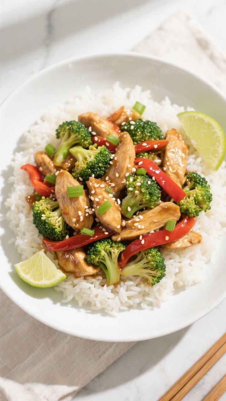 Tasty top view: Overhead shot of the finished High Protein Chicken and Broccoli Stir Fry served over
