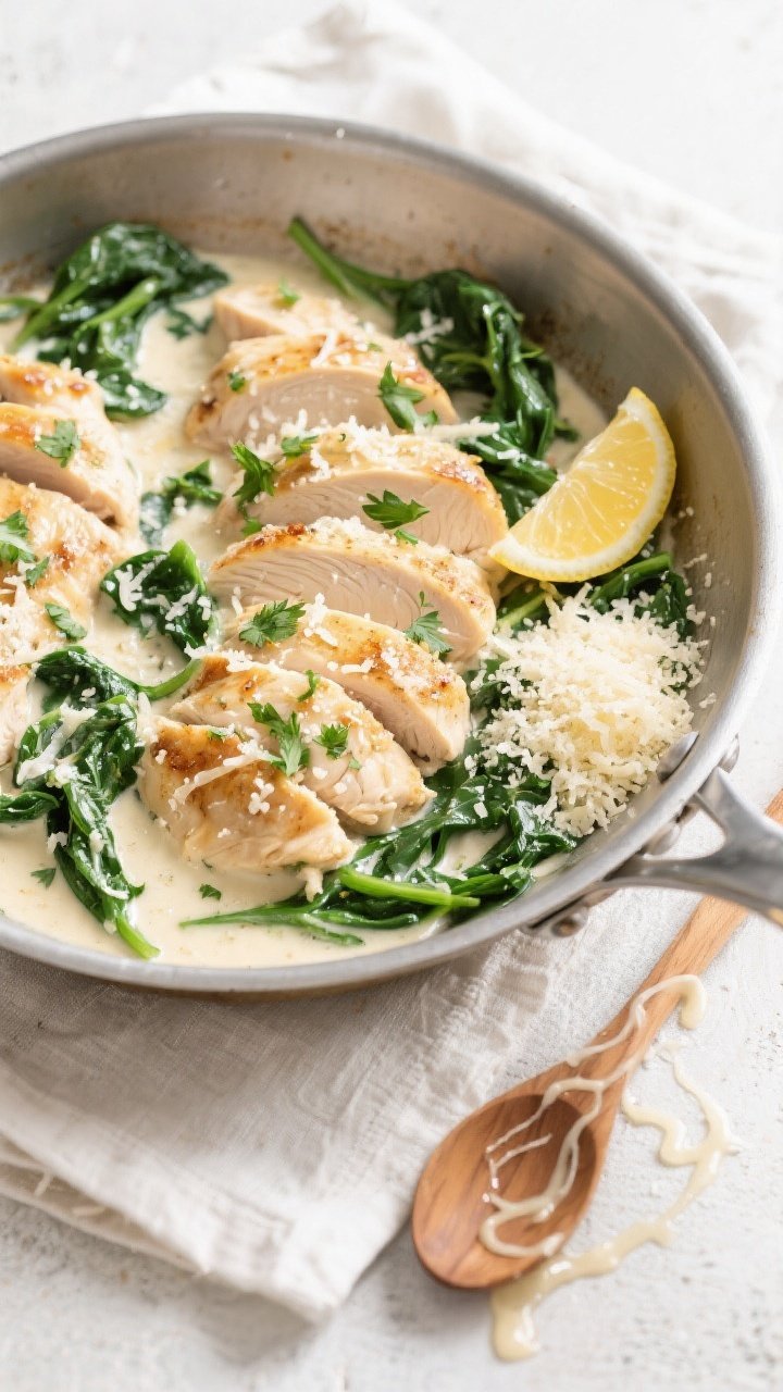 Tasty top view: Overhead shot of the finished High-Protein Garlic Parmesan Chicken Skillet arranged