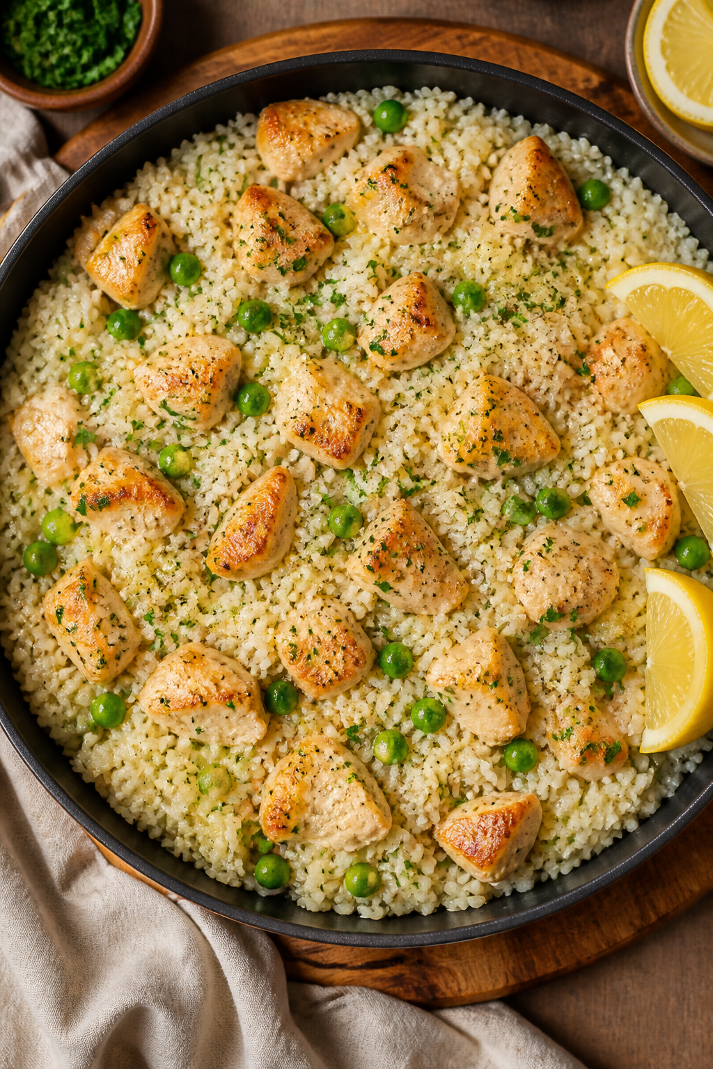 Tasty top view: Overhead shot of the finished Lazy Garlic Butter Chicken & Rice Skillet in a 12-inch