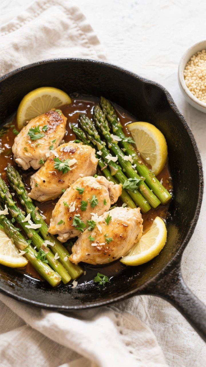 Tasty top view: Overhead shot of the finished one-pan lemon garlic chicken & asparagus, chicken arra