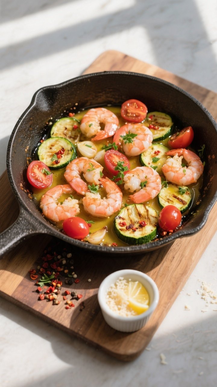 Tasty top view: Overhead shot of the finished skillet on a wooden board, showcasing an even scatter
