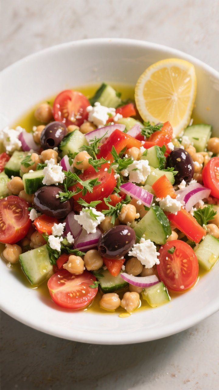 Tasty top view: Overhead shot of the fully assembled Mediterranean Chickpea Salad in a wide, shallow
