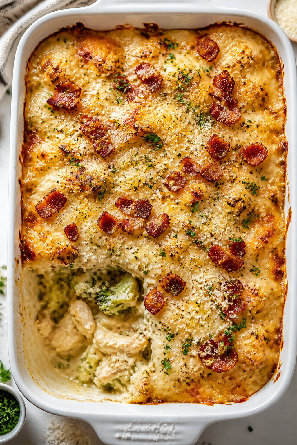 Tasty top view: Overhead shot of the Low Carb Chicken Bacon Alfredo Bake just out of the oven in a 9