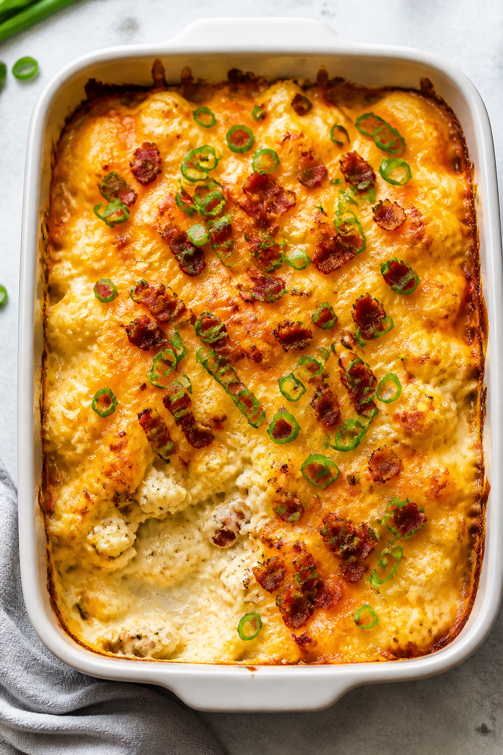Tasty top view: Overhead shot of the Low Carb Loaded Cauliflower Chicken Bake just out of the oven i