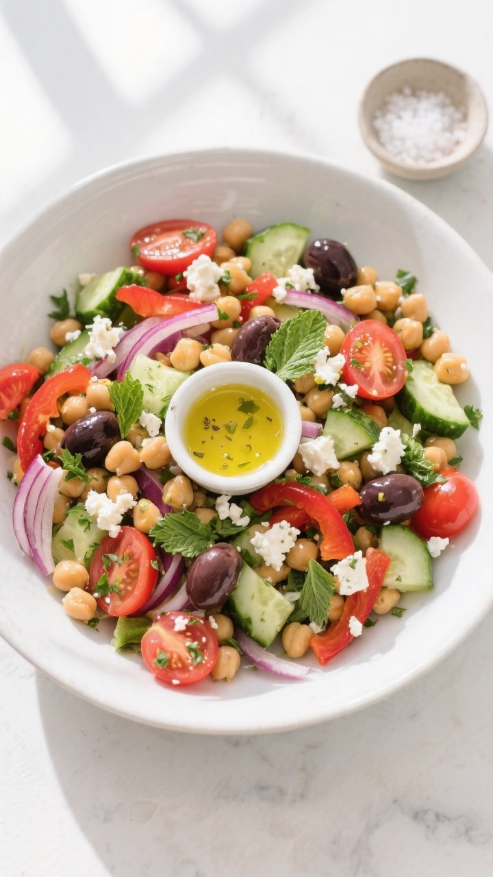 Tasty top view: Overhead shot of the Mediterranean Chickpea Dinner Salad just after tossing—chickp