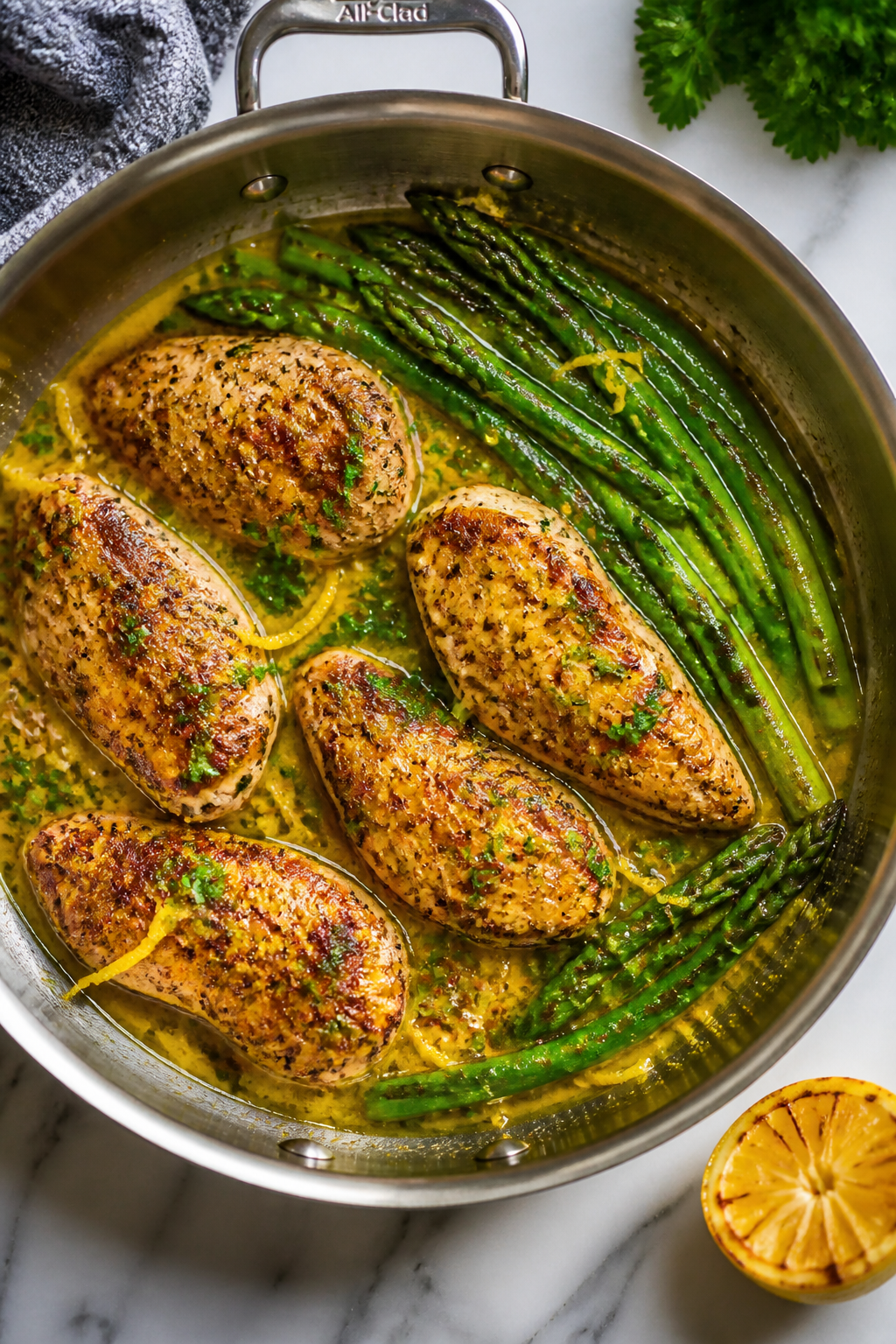 Tasty top view: Overhead shot of the one-pan chicken and asparagus finishing in a bright, glossy lem