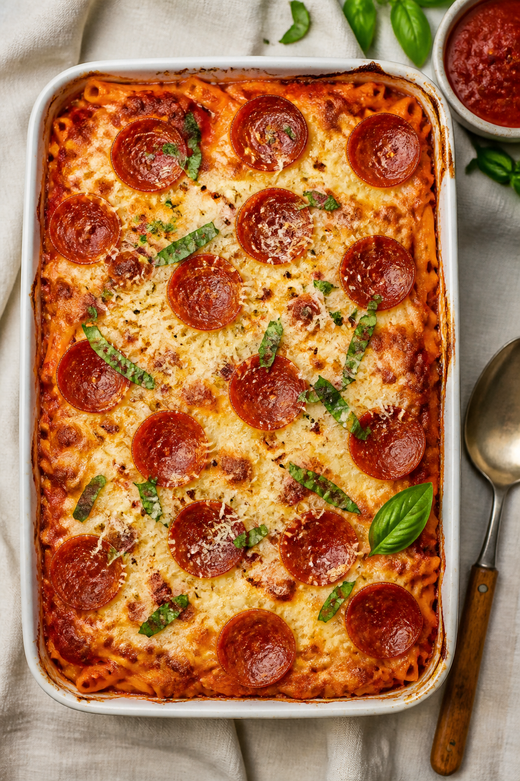 Tasty top view: Overhead shot of the pepperoni pizza pasta bake just out of the oven in a 9x13 casse
