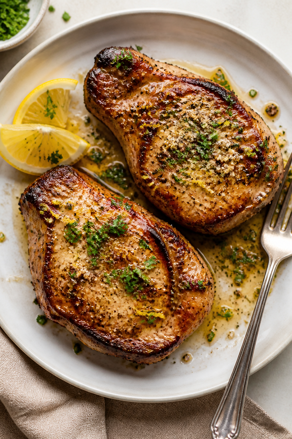 Tasty top view: Overhead shot of two Garlic Parmesan Pork Chops resting on a white ceramic plate, sp