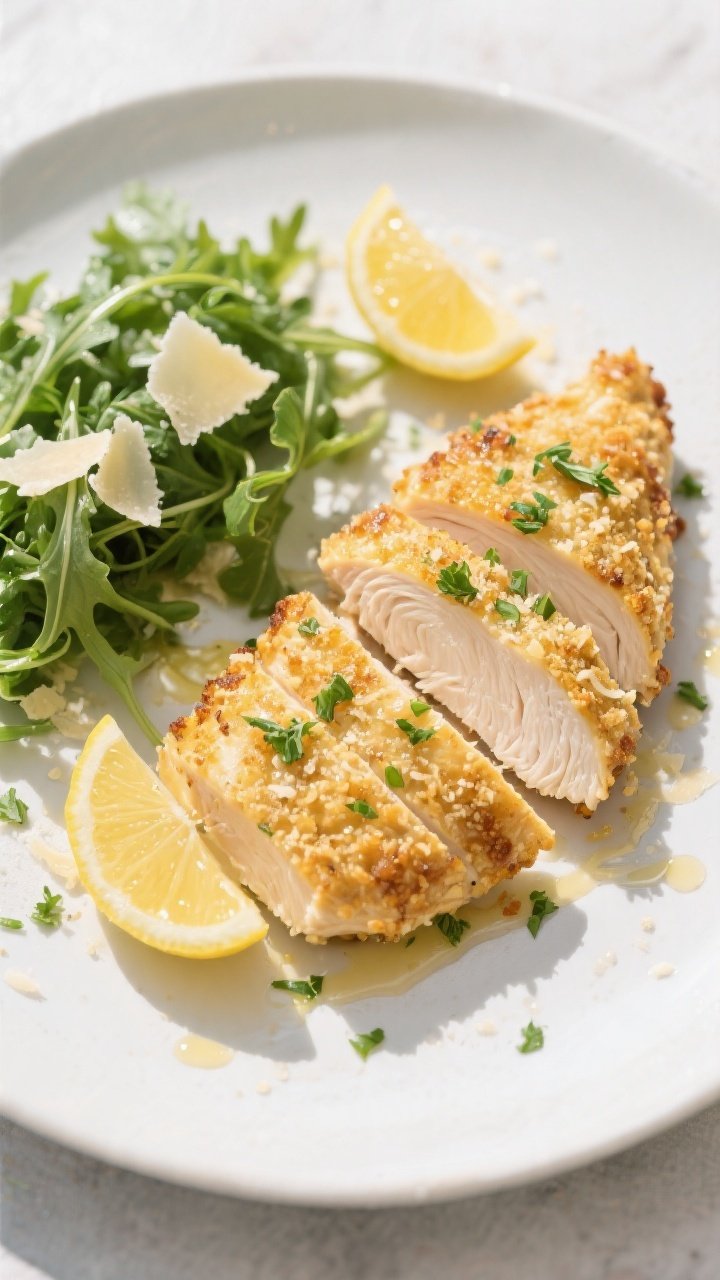 Tasty top view: Overhead shot of two sliced Parmesan-crusted chicken breasts on a matte white plate,