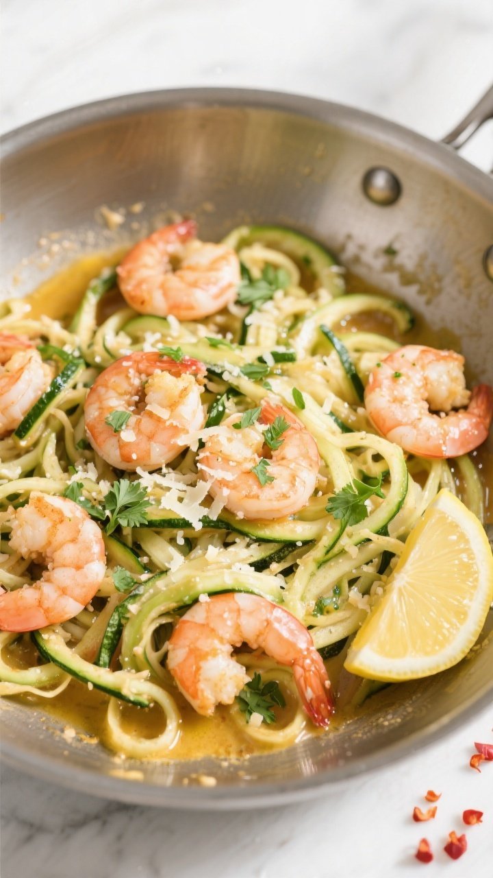 Tasty top view: Overhead shot of zucchini noodle shrimp scampi just tossed together in the pan—ten