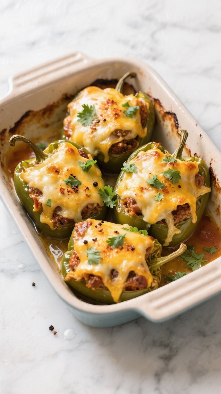 Tasty top view, overhead shot: Overhead shot of a baking dish filled with four stuffed peppers nestl