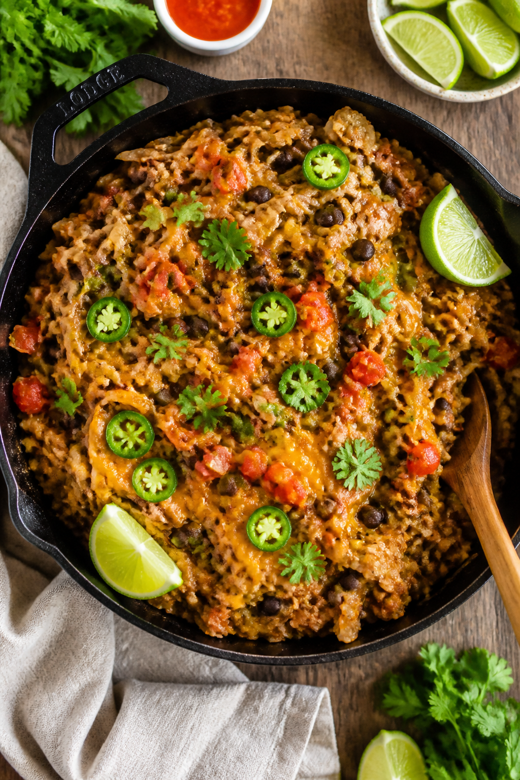 Tasty top view, overhead shot: Overhead shot of the finished High Protein Taco Cabbage Skillet in a 